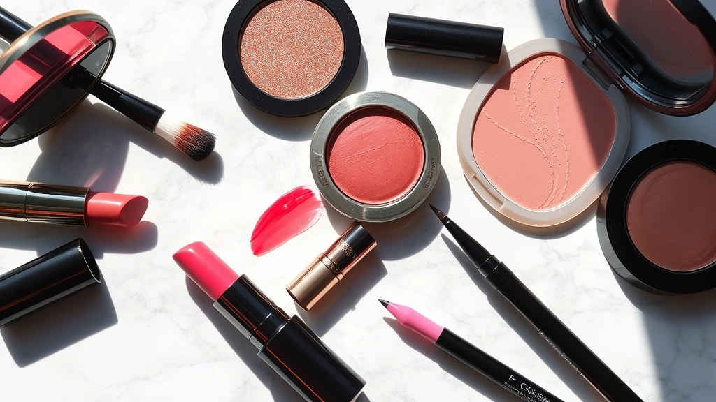 Beauty flat lay showing glossy lip products, cream eyeshadows, and gel eyeliners arranged artistically on a marble surface. Include a makeup brush, mirror, and beauty sponge. Natural daylight creating reflective shine on glossy products.