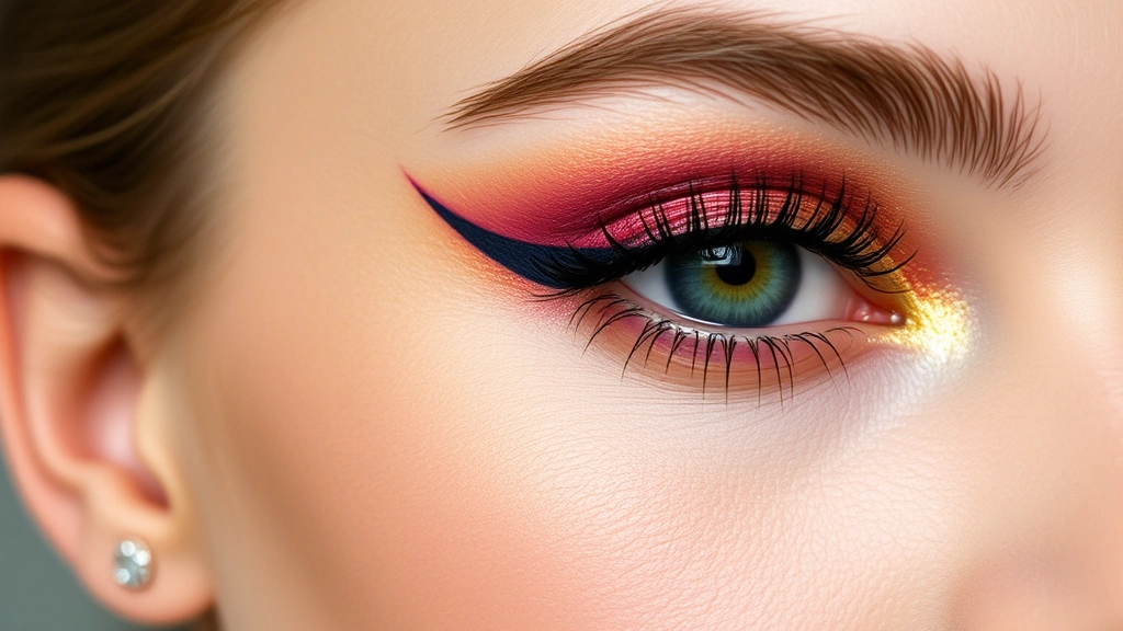 Fashion girl demonstrating maximalist eyeshadow with multiple colorful shades blended on her eyelid—combining metallics, mattes, and shimmers in coordinating tones. Close-up shot showing the intricate blending and texture variation, with natural skin-like base makeup.