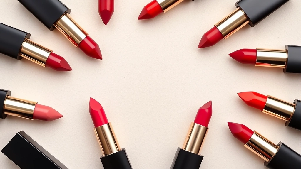 Flat lay arrangement of luxury lipstick tubes in various colors with color swatches on neutral background, showing warm and cool undertone variations