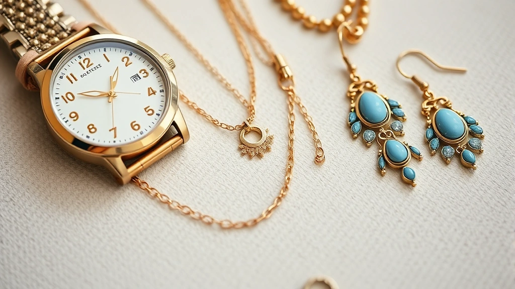 Close-up of carefully curated accessories including quality watch, delicate gold layered necklaces, and statement earrings arranged on neutral background showing jewelry styling