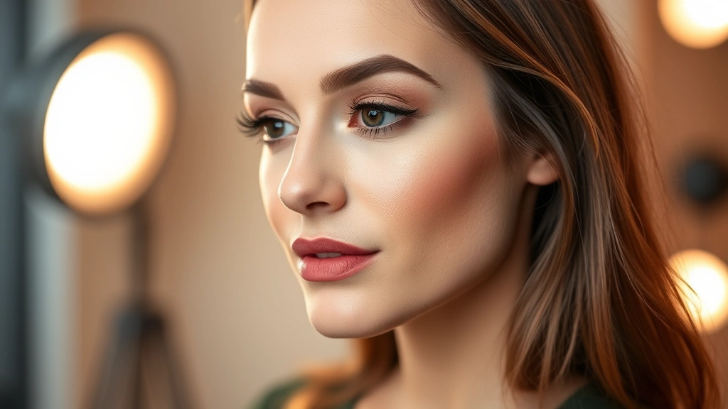 Professional headshot-style makeup with subtle contouring, neutral eyeshadow, and muted lip color on a woman with warm undertone skin under studio lighting