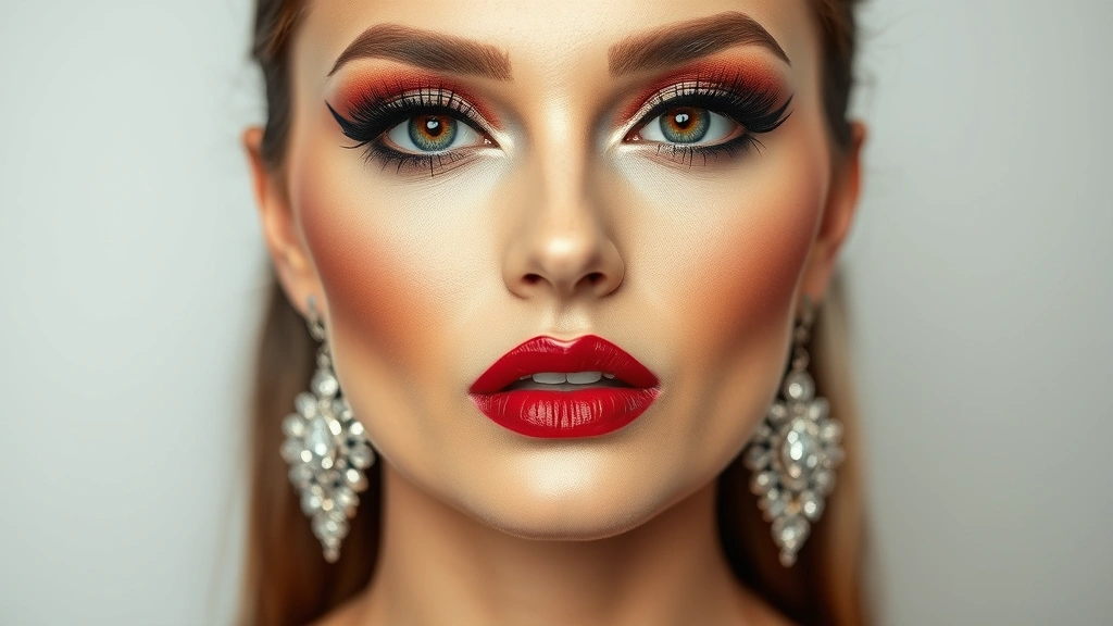 Glamorous evening makeup featuring dramatic winged eyeliner, jewel-toned eyeshadow, bold red lipstick, and glowing highlighted cheekbones on a woman
