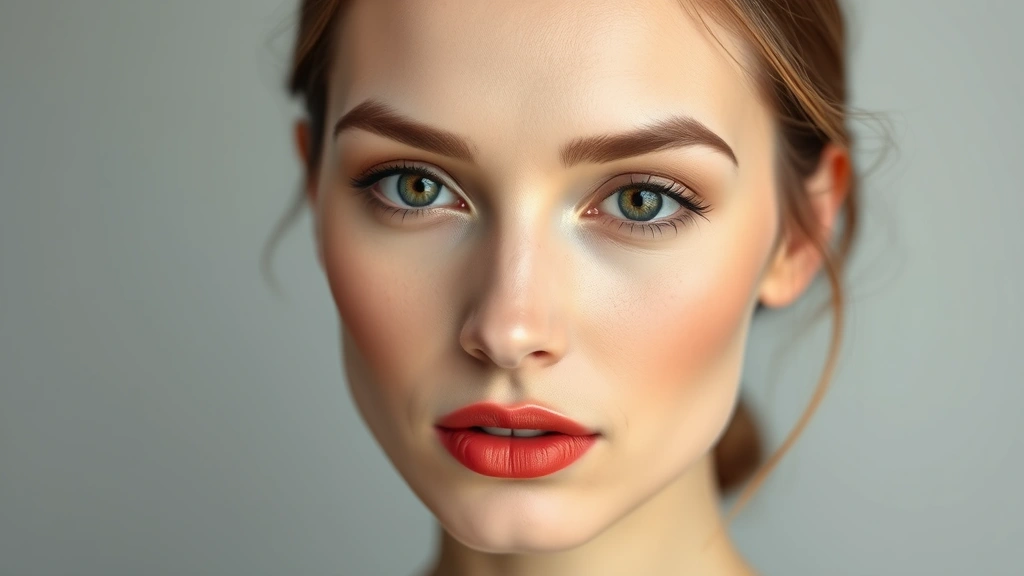 Woman with pale porcelain complexion, soft brown eyeshadow, thin upper lash line definition, warm coral-red lip tint, natural arch eyebrows, professional studio lighting, Regency-inspired elegant aesthetic, no visible makeup texture, luminous skin