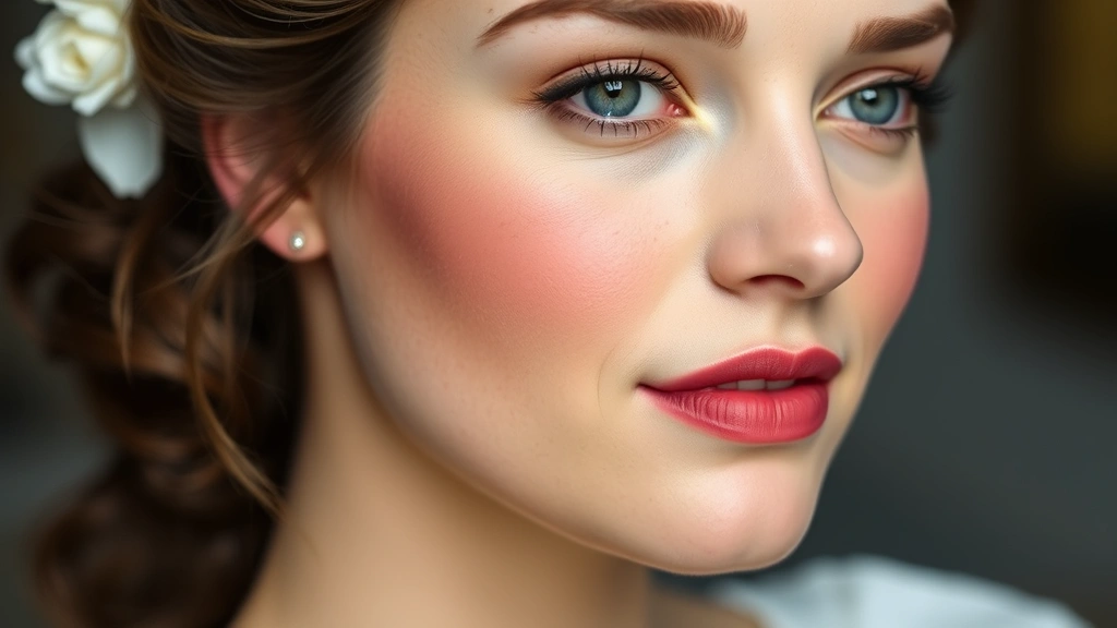 Close-up of woman's face showing Regency makeup application: subtle warm blush on cheekbones, muted rose lip color, defined but natural eyebrows, soft eye definition, poreless complexion, natural lighting, refined and understated beauty