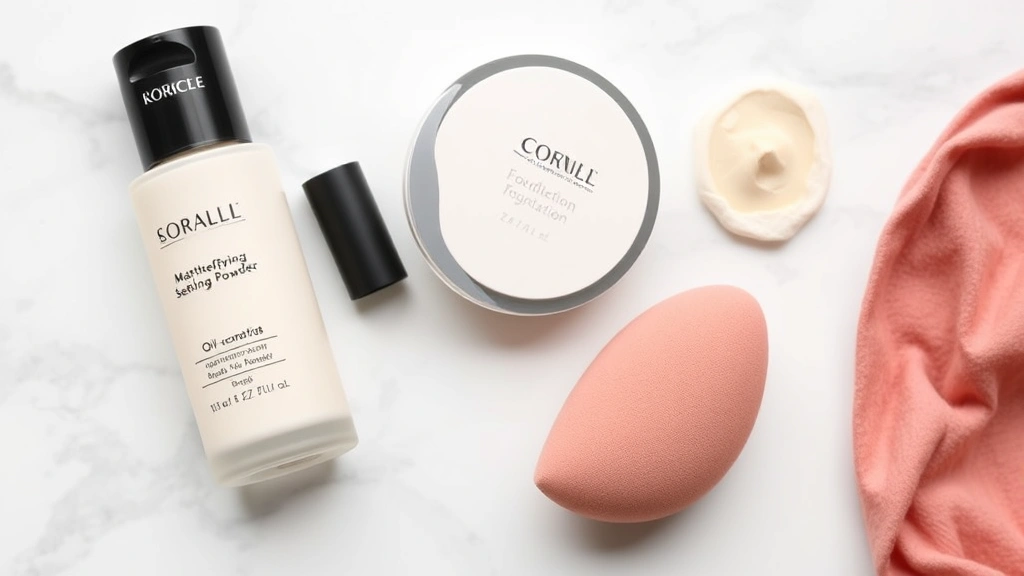 Flat lay beauty composition featuring mattifying primer bottle, translucent setting powder compact, oil-control foundation bottle, and damp beauty sponge arranged artfully on white marble surface
