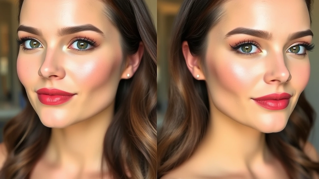 Before-and-after beauty transformation showing oily skin with visible shine on T-zone before makeup, then flawless matte foundation finish after application with proper primer and setting powder