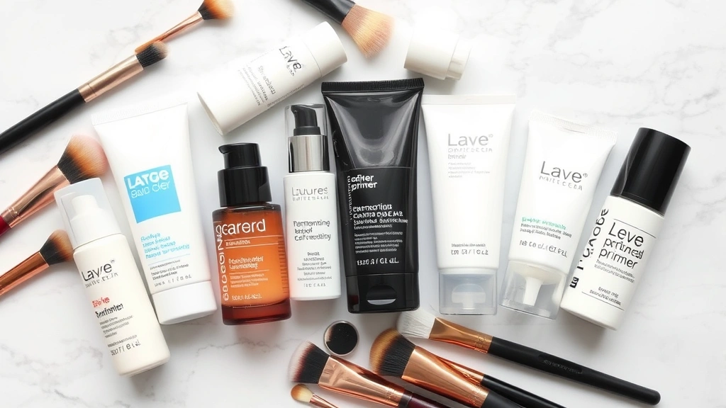 Flat lay of various primer bottles and tubes for oily skin in different formulations, silicone and clay-based, arranged on marble surface with makeup brushes