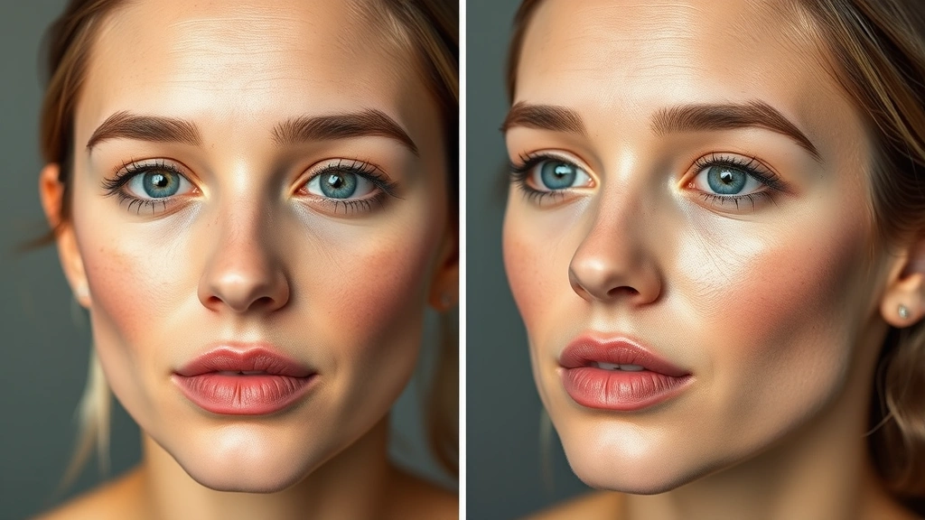 Before and after split image showing matte, poreless skin after primer application versus shiny untreated oily skin, professional photography lighting
