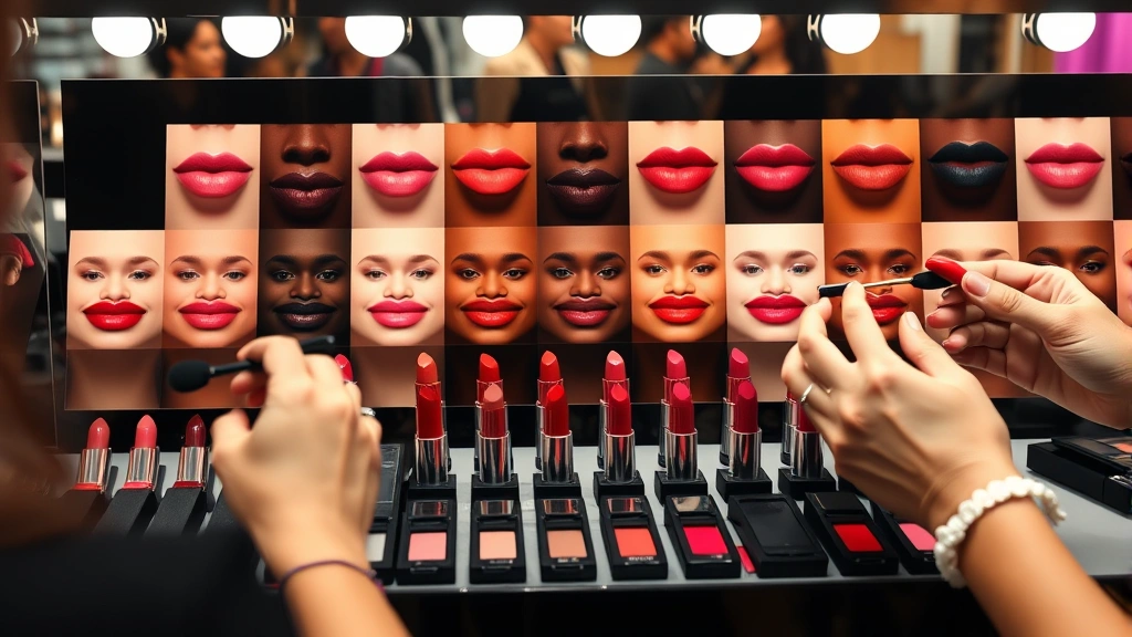 Beauty counter display with multiple lipstick swatches on diverse skin tones, organized by color family, professional lighting, makeup artist hands demonstrating application techniques