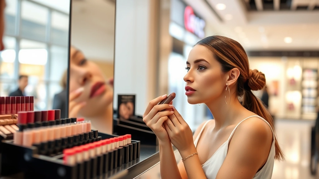 Woman testing nude and mauve lipstick shades at mall beauty counter, natural lighting from storefront windows, consultant helping with shade selection, mirror reflection showing lip color application