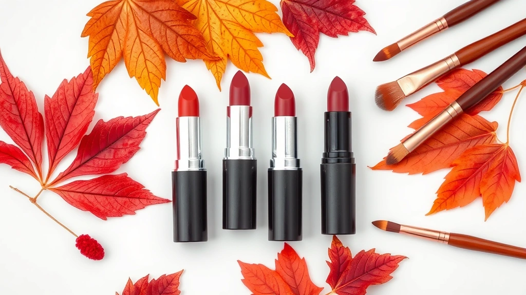 Beauty flat lay featuring four fall lipstick shades in terracotta, plum, burgundy, and chocolate brown arranged artfully with autumn leaves and warm-toned makeup brushes
