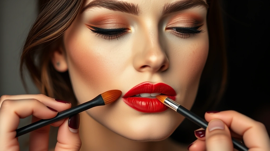 Professional makeup artist applying rich rust-orange lipstick with precision using a lip brush, showing proper technique with lip liner definition and even color payoff