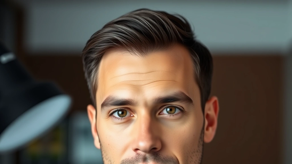 Professional headshot of a well-groomed man with subtle makeup highlighting defined eyebrows, clear skin, and natural-looking complexion under studio lighting