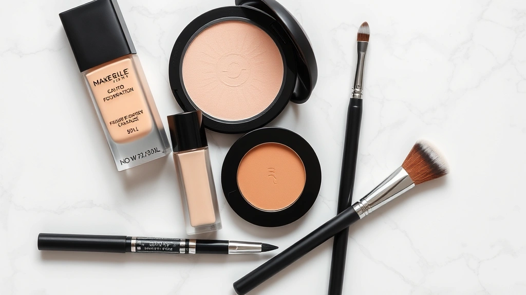 Flat lay composition showing masculine makeup essentials including foundation bottle, concealer, powder, brow pencil, and premium brushes arranged on a modern surface