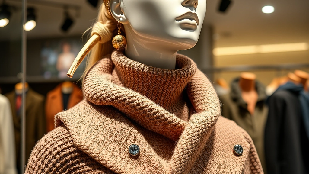 Close-up of expertly styled mannequin wearing seasonal fashion collection with complementary accessories, professional retail photography studio lighting