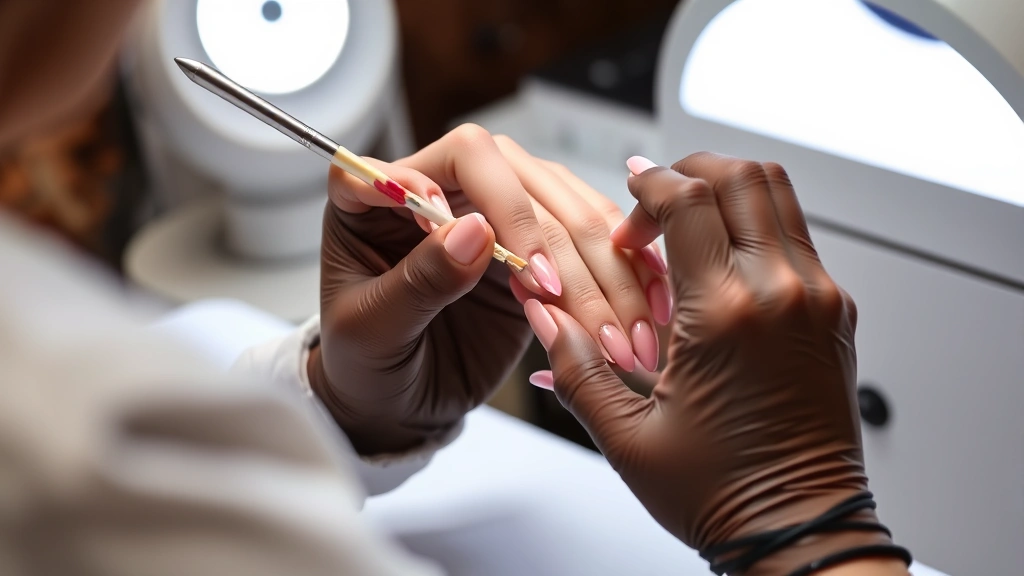 Nail technician applying gel polish to client's nails with precision brush, professional salon environment with nail lamp visible, detailed hand positioning