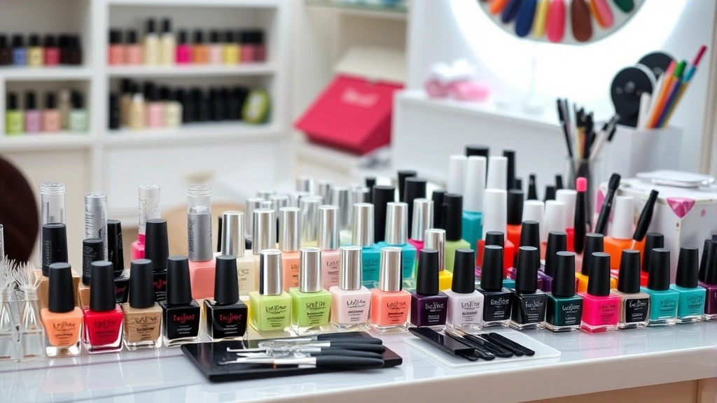 Array of nail polish bottles and nail art tools displayed on professional vanity, various colors from pastels to jewel tones, organized spa workspace