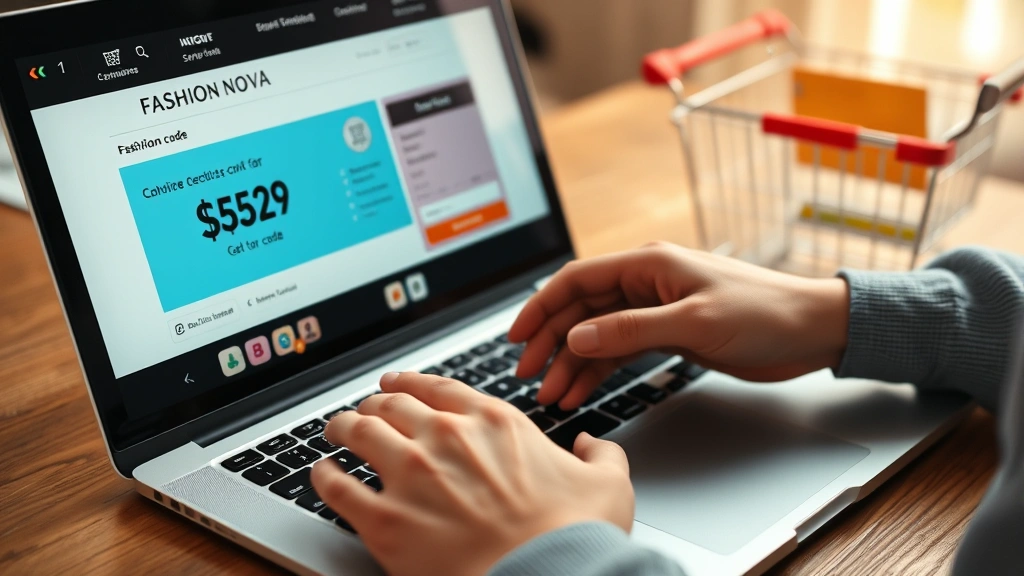 Close-up of hands applying discount code on laptop during Fashion Nova online checkout, shopping cart visible, credit card ready for payment