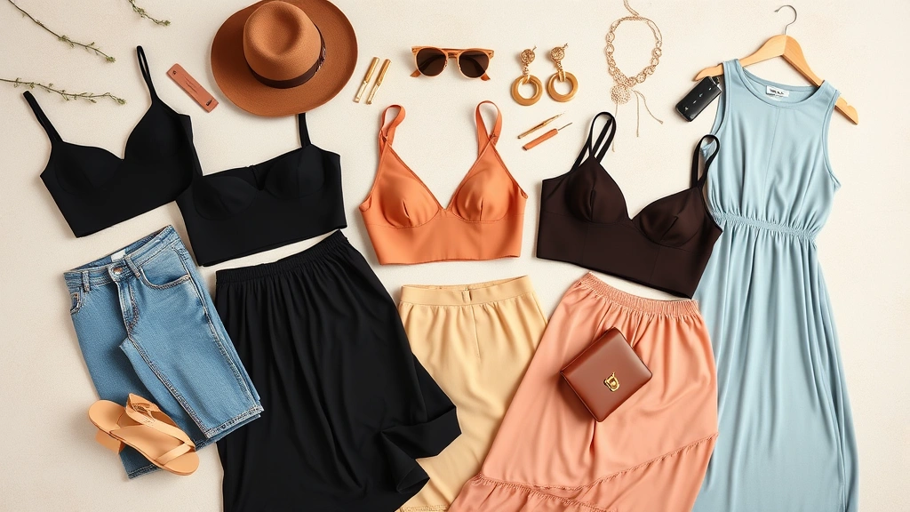 Flat lay of Fashion Nova fashion haul including crop tops, dresses, and accessories arranged artfully on neutral background with soft natural lighting