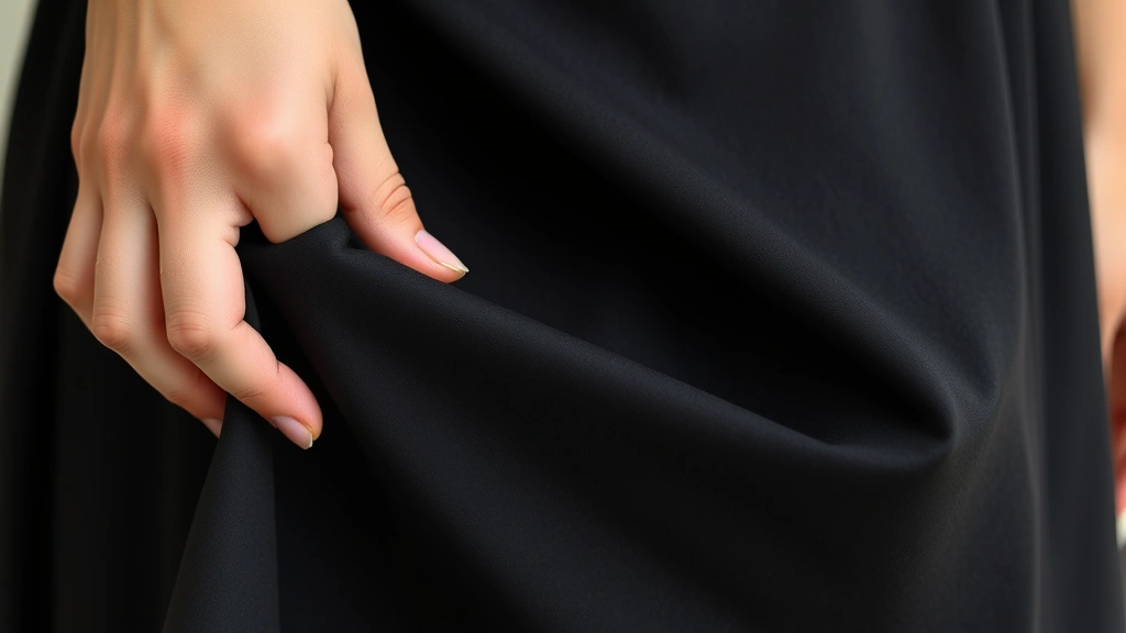 Close-up detail shot of black dress fabric showing texture and weave, hands touching material, demonstrating polyester blend quality and construction seams, natural daylight