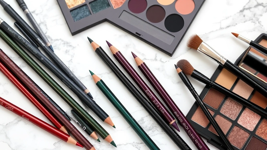 Beauty flat lay showing colorful eyeliner pencils in burgundy, forest green, navy, and plum arranged artistically with eyeshadow palettes and makeup brushes on marble surface