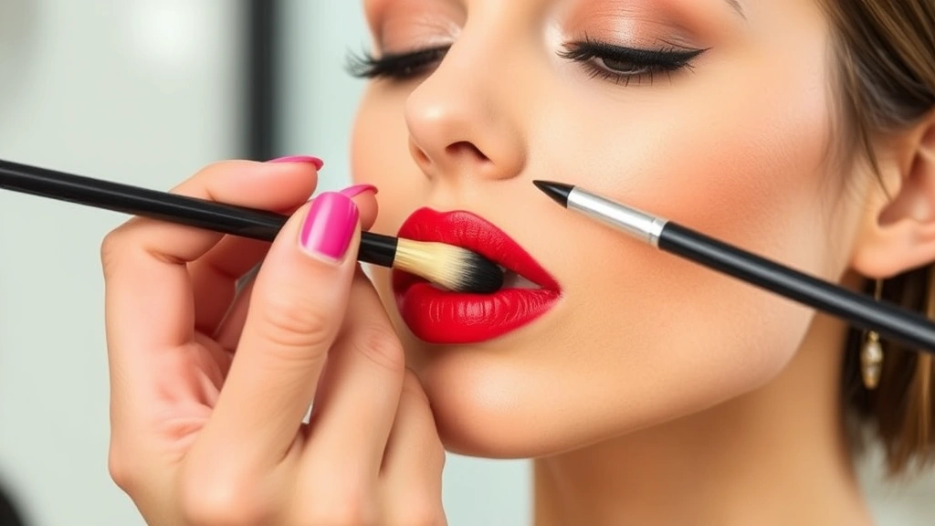 Professional makeup artist applying red lipstick with precision lip brush to a model's lips, showing proper technique and definition