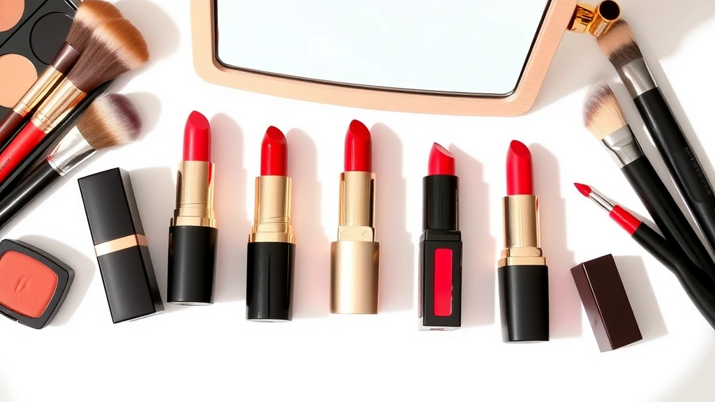 Flat lay arrangement of five luxury and budget red lipstick products arranged artfully with makeup brushes and a mirror, natural daylight