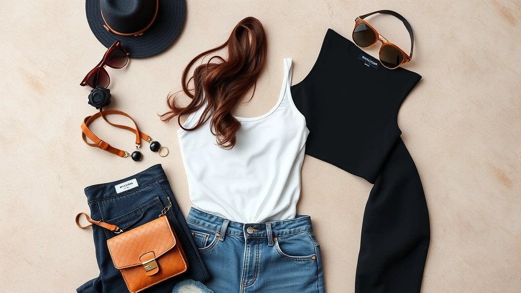 Fashion blogger photographing outfit flat lay with Fashion Nova pieces, neutral background, styling accessories, natural daylight, content creation setup