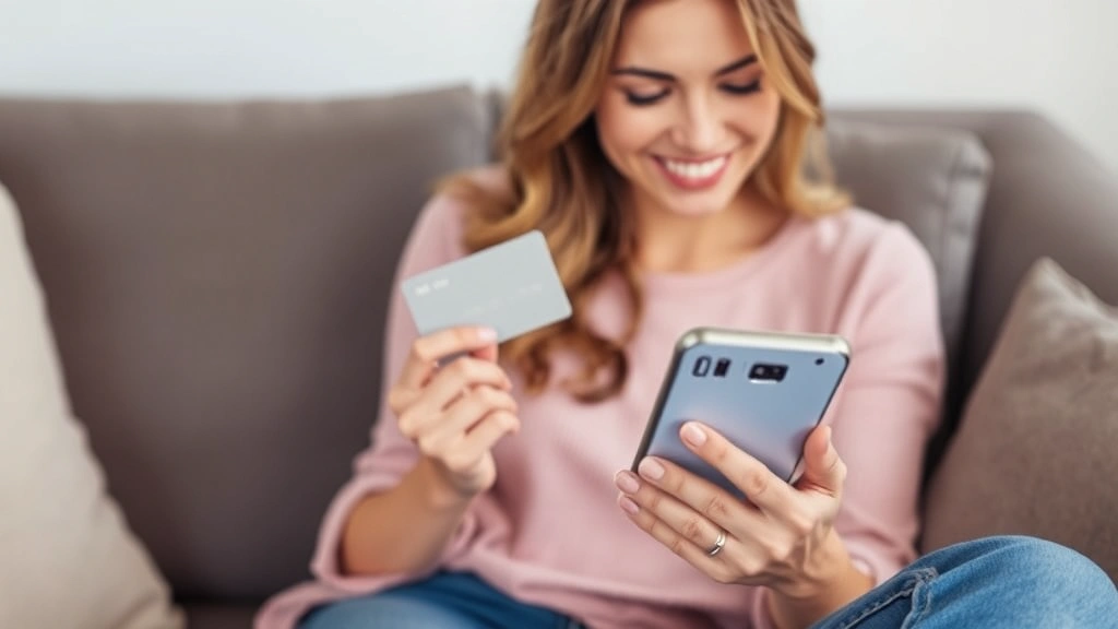 Woman shopping on mobile phone with fashion nova app, holding credit card, sitting on couch, satisfied expression, digital discount codes visible on screen, casual home setting