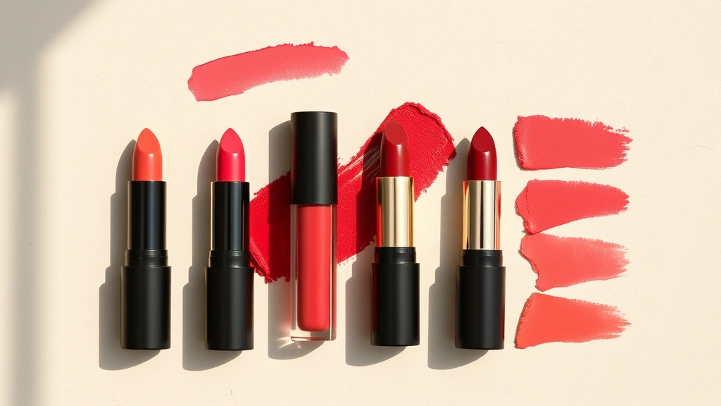 Flat lay arrangement of five different red lipstick tubes and swatches showing variety of red undertones - coral red, brick red, true red, burgundy, and orange-red - arranged on neutral background with natural lighting