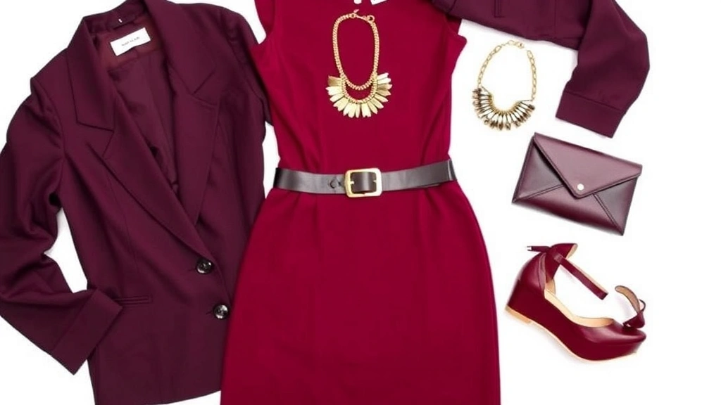 Fashion Nova dress styling flat lay showing layering options including blazer, belt, jewelry, clutch, and heels arranged artfully around a burgundy dress