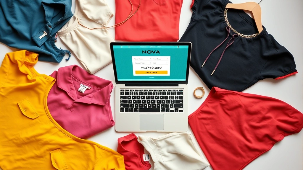 Flat lay overhead shot of colorful fashion Nova clothing items arranged artfully with a laptop showing a promotional code on screen, modern minimalist aesthetic