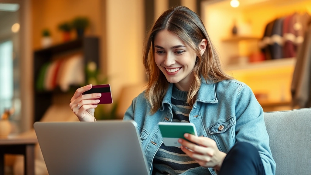 Woman checking out online on laptop with credit card in hand, wearing trendy casual clothing, warm indoor lighting, happy expression while shopping