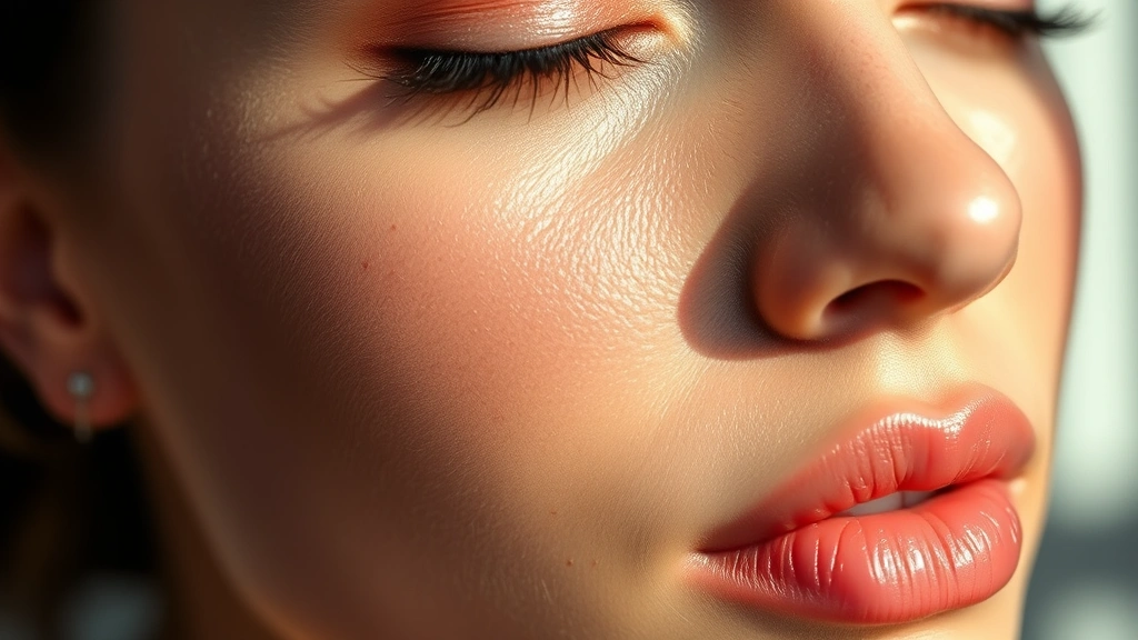 Close-up of dewy, luminous complexion with minimal makeup and natural skin texture glowing under soft lighting