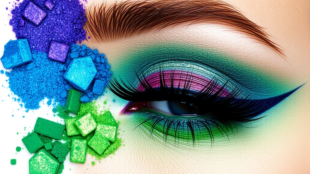 Vibrant jewel-toned eyeshadow palette with emerald and sapphire pigments blended on eyelid with metallic shimmer accents