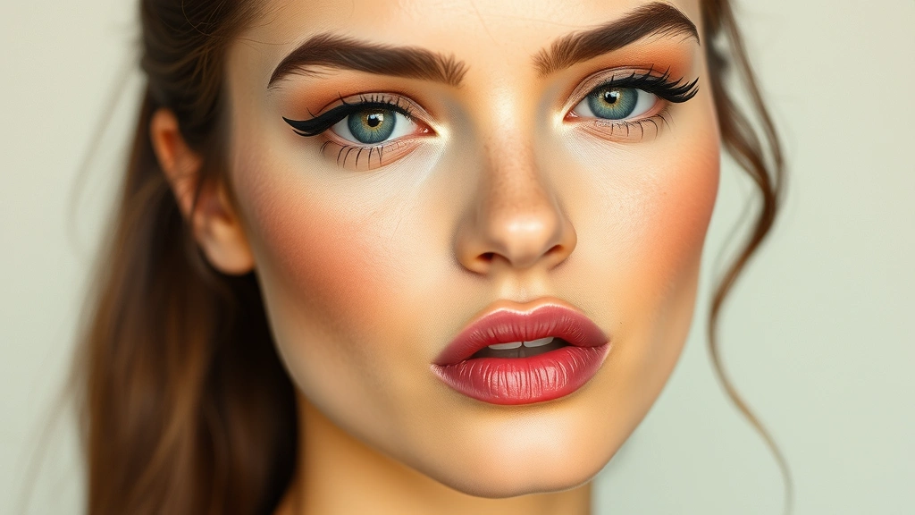 Model wearing blurred soft pink lip color with diffused edges and glossy finish, paired with defined graphic black eyeliner wing