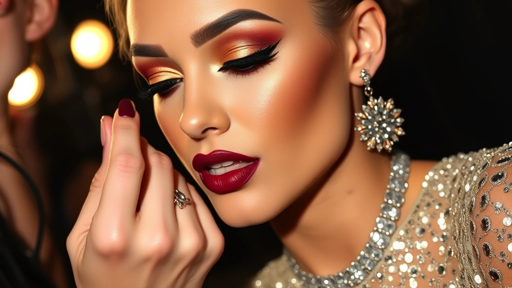 Close-up of bold makeup application featuring metallic gold eyeshadow, winged eyeliner, and deep burgundy lipstick paired with sequined Fashion Nova dress reflecting stage lights, jewelry catching shine
