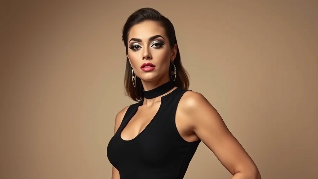 Woman wearing form-fitting black bodysuit with dramatic makeup featuring metallic silver eyeshadow, sharp winged eyeliner, and statement choker necklace, posed confidently against neutral background with professional lighting