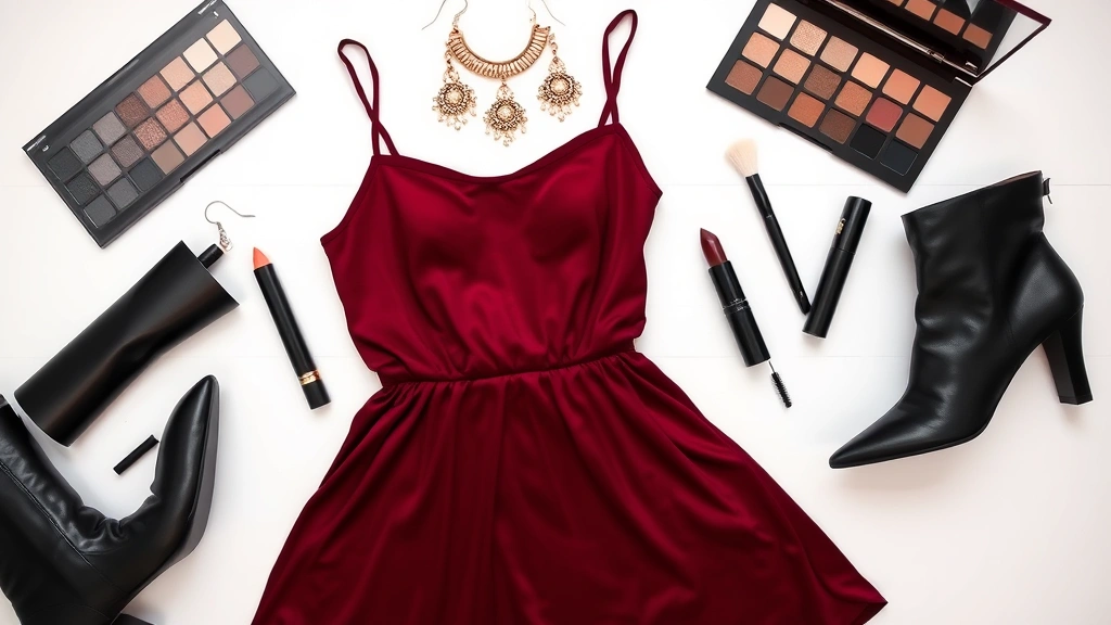 Flat lay styling shot featuring burgundy Fashion Nova dress, thigh-high black boots, chunky gold choker, dangling chandelier earrings, and dark lipstick arranged artfully with makeup brushes and eyeshadow palette on white surface