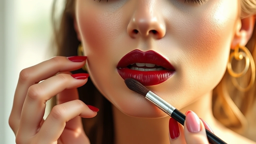 Fashion model applying bold burgundy lipstick with precision using a lip brush, natural lighting, detailed lip application, professional cosmetics
