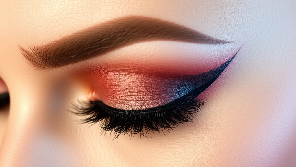 Glamorous eye makeup with blended eyeshadow and defined eyeliner, false lashes, dramatic eye look, professional beauty photography, close-up detail