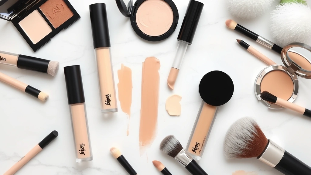 Flat lay arrangement of five different concealer tubes and compacts in various shades from fair to deep skin tones, arranged artfully with color corrector pens and fluffy makeup brushes on a marble surface