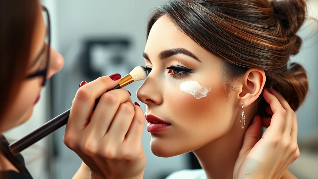 Professional makeup artist applying cream contour to client's cheekbones with angled brush, precise application, natural lighting, close-up detail shot