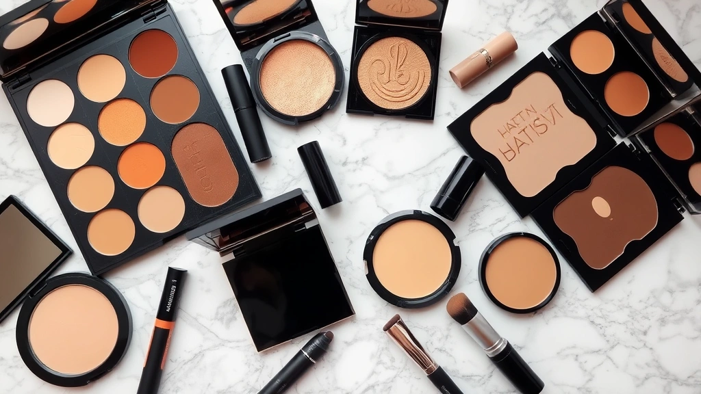 Diverse group of contour palettes and products displayed on marble surface, various shades from fair to deep skin tones, professional product photography