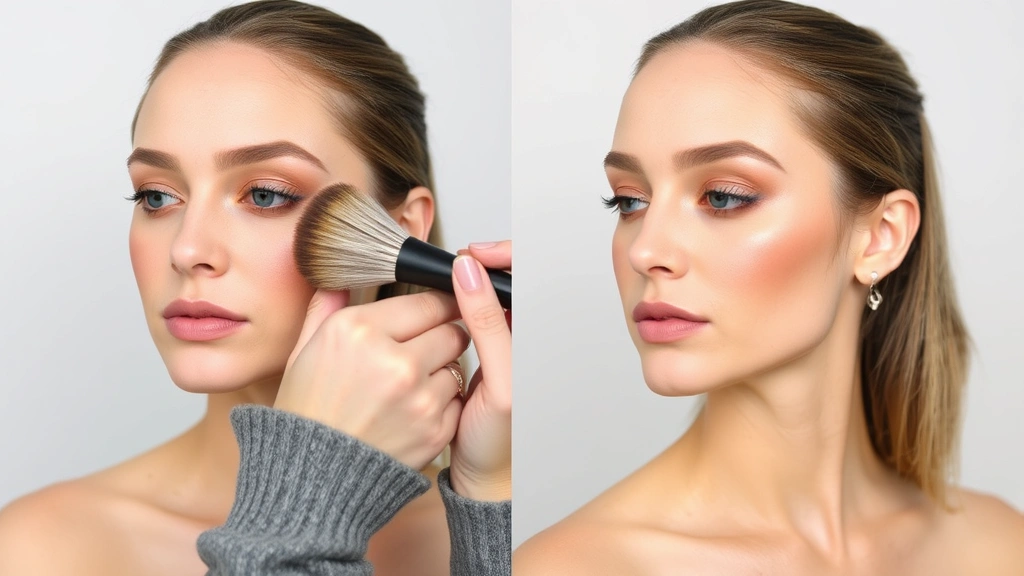 Beauty influencer demonstrating blending technique on model's face, feathering motion with fluffy brush, before-and-after side profile comparison visible