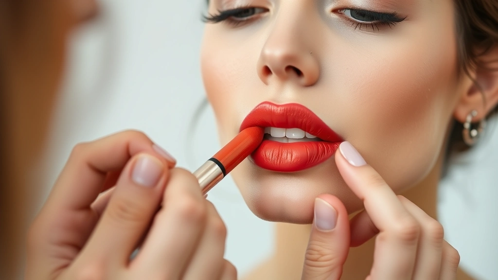 Professional makeup artist applying bold terracotta lipstick to a model's lips using a precision brush, showing detailed lip application technique with warm-toned cosmetics on pale skin, no packaging or text visible