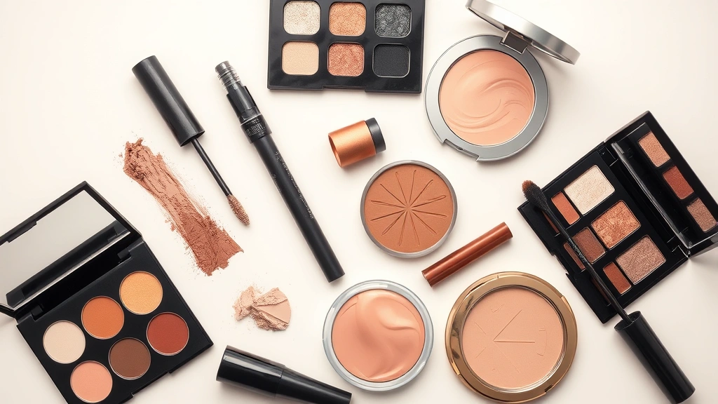 Flat lay arrangement of various makeup products including cream eyeshadow palettes in jewel tones and earth tones, mascara wand, cream blush, and highlighter arranged artistically on neutral background, no product labels or text visible