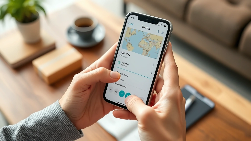 Close-up of hands holding smartphone displaying shipping tracking status with delivery map, coffee table background, professional casual aesthetic