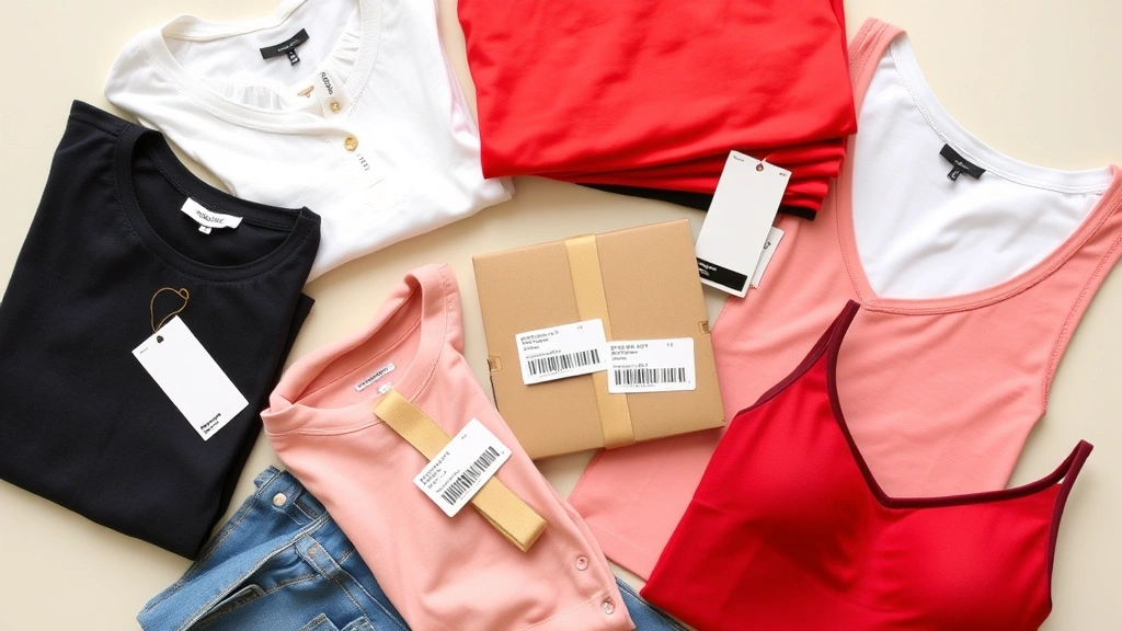 Fashion Nova clothing items arranged beautifully with shipping label and tracking barcode visible, neutral background, styled flat lay composition