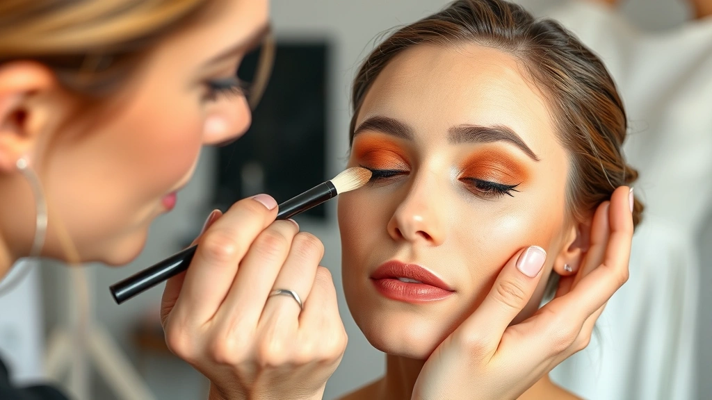 Professional makeup artist applying warm-toned eyeshadow on fair skin with white dress visible in background, natural studio lighting, close-up of eye makeup application